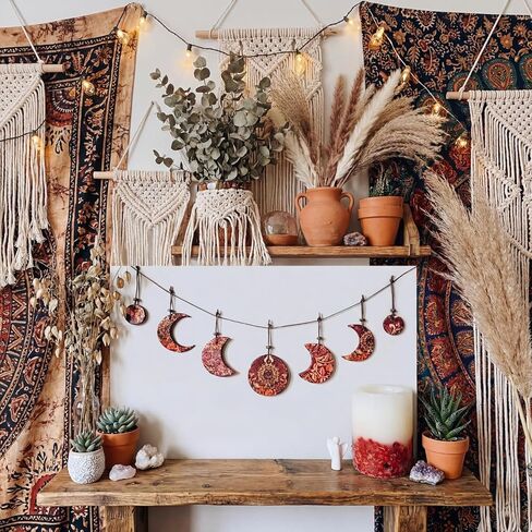 Qunclay Handmade Hippy Moon Phase Wall Hanging Wooden Moon Phase Hanging Garland Boho Vintage Floral Wall Decor for Bedroom Dorm Office Birthday Party Decor in Kuwait