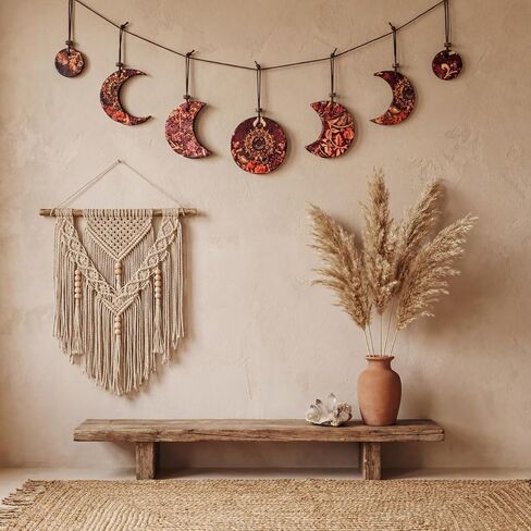 Qunclay Handmade Hippy Moon Phase Wall Hanging Wooden Moon Phase Hanging Garland Boho Vintage Floral Wall Decor for Bedroom Dorm Office Birthday Party Decor in Kuwait