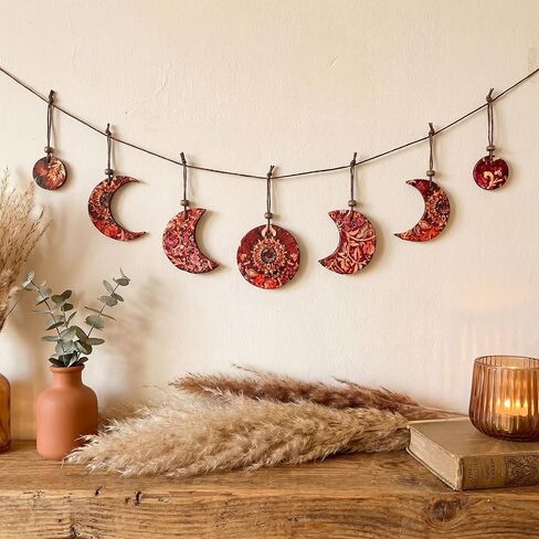 Qunclay Handmade Hippy Moon Phase Wall Hanging Wooden Moon Phase Hanging Garland Boho Vintage Floral Wall Decor for Bedroom Dorm Office Birthday Party Decor in Kuwait