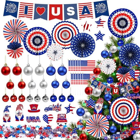 4th of July Decorations for Tree,Red White and Blue Patriotic Tree Ornaments for Memorial Day,Independence Day Wooden Hanging Decor，Patriotic Christmas Tree Decorations in Saudi Arabia