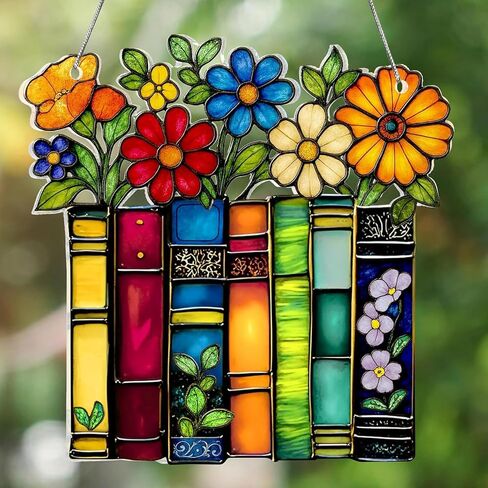 Book Ornament Stained Glass Window Hanging Acrylic, Decorative Hanging Ornaments, Bookish Gifts for Librarian, Book Lovers, Reader, Women, Suncatcher Effect Decor in Kuwait