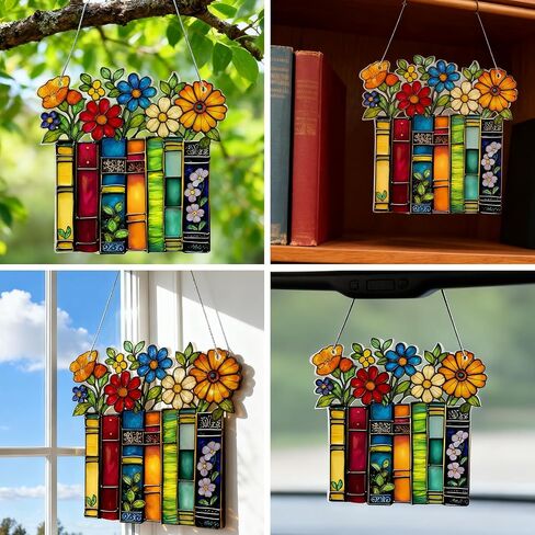 Book Ornament Stained Glass Window Hanging Acrylic, Decorative Hanging Ornaments, Bookish Gifts for Librarian, Book Lovers, Reader, Women, Suncatcher Effect Decor in Kuwait