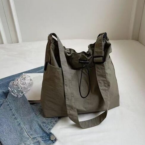 1 Piece Green Drawstring Crossbody Bag, Canvas Casual Tote, with Back Zipper Pocket, for Women Daily Commute, School, Travel in Kuwait