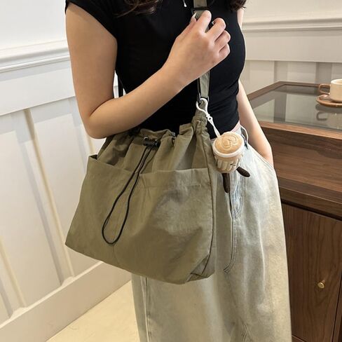 1 Piece Green Drawstring Crossbody Bag, Canvas Casual Tote, with Back Zipper Pocket, for Women Daily Commute, School, Travel in Kuwait