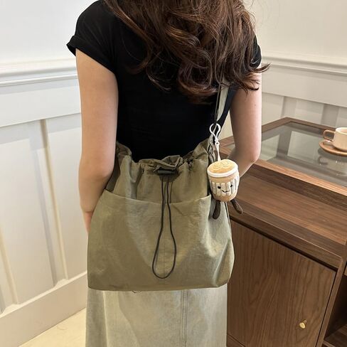 1 Piece Green Drawstring Crossbody Bag, Canvas Casual Tote, with Back Zipper Pocket, for Women Daily Commute, School, Travel in Kuwait