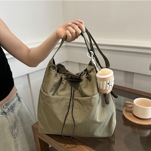 1 Piece Green Drawstring Crossbody Bag, Canvas Casual Tote, with Back Zipper Pocket, for Women Daily Commute, School, Travel in Kuwait