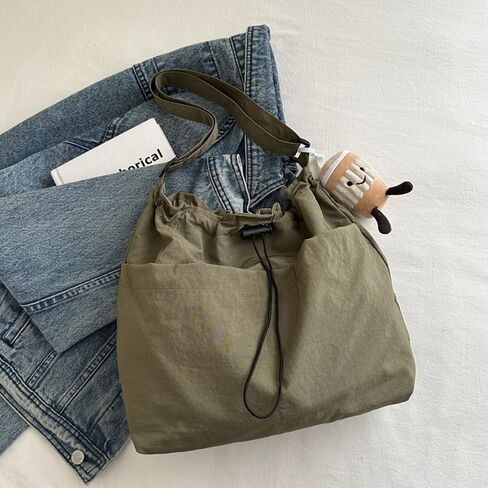 1 Piece Green Drawstring Crossbody Bag, Canvas Casual Tote, with Back Zipper Pocket, for Women Daily Commute, School, Travel in Kuwait