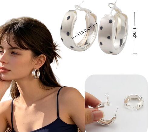 Matte Silver Polka Dot Hoop Earrings for Women | Dainty Brushed Silver, Black Dot, Y2K Retro Statement, Party & Everyday Wear in Saudi Arabia