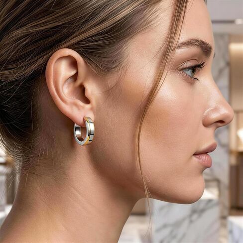 Two-Tone Hoop Earrings, Gold and Silver Stainless Steel, Modern Minimalist Style in Saudi Arabia