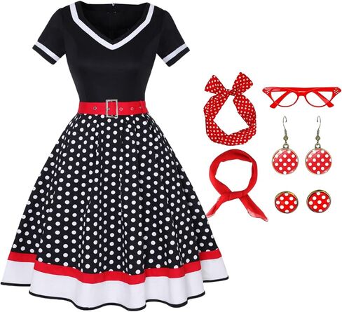 Colorful House Female Adult 1950s Vintage Costumes with Accessories Scarf Headbands Earrings Glasses 7 PCS in Saudi Arabia