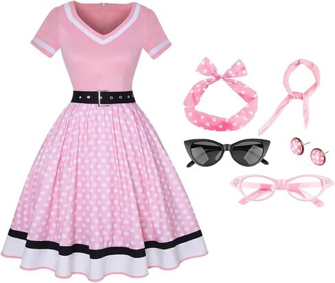 Colorful House Female Adult 1950s Vintage Costumes with Accessories Scarf Headbands Earrings Glasses 7 PCS in Saudi Arabia