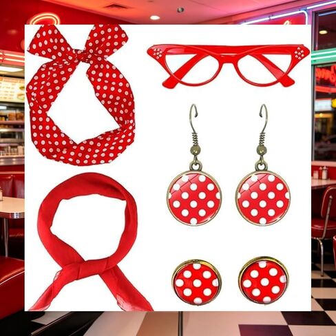 Colorful House Female Adult 1950s Vintage Costumes with Accessories Scarf Headbands Earrings Glasses 7 PCS in Saudi Arabia