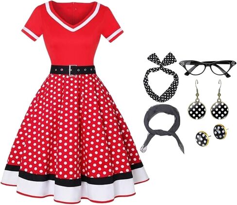 Colorful House Female Adult 1950s Vintage Costumes with Accessories Scarf Headbands Earrings Glasses 7 PCS in Saudi Arabia