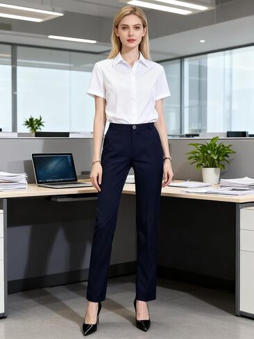 بنطلون نسائي عالي الخصر وواسع مستقيم الساق بنطال غير رسمي مع جيوب PANTS58 in Kuwait