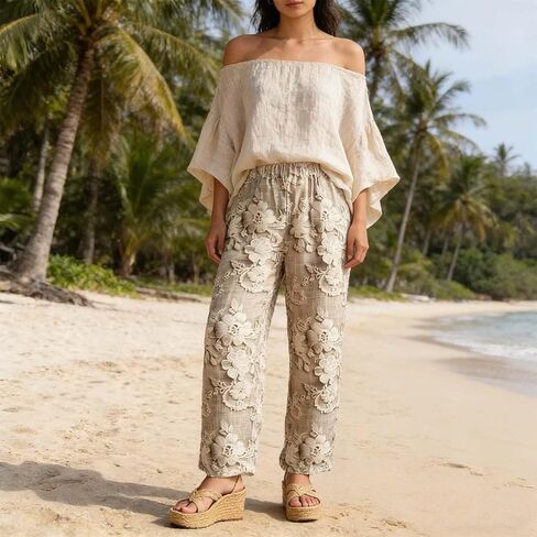 1-Pcs Women's Casual Textured Pants Elastic Waist Pants Slacks Trouser Wide Leg Lounge Trouser with Pockets in Kuwait