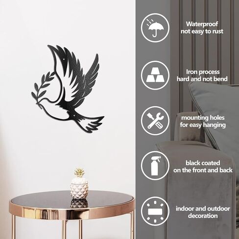 WADORN Metal Dove of Peace Wall Art Decor, Dove Iron Wall Art Hanging Decor Signs for Home Olive Branches Peace Dove Animals Wall Sculpture Statues Decor Gift for Living Room, 9.76x11.81 Inch, Dove in Kuwait