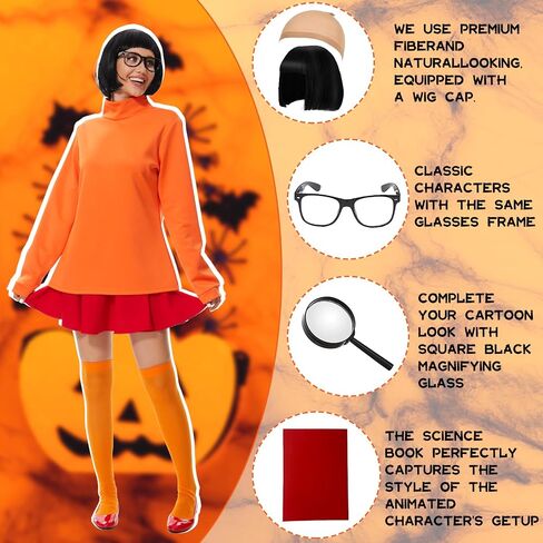 ZOKJFDK Velma Costume Adult Women Halloween Classic Movie Characters Costume with Bob Wig, Long Sleeve Turtleneck Crop Top in Saudi Arabia