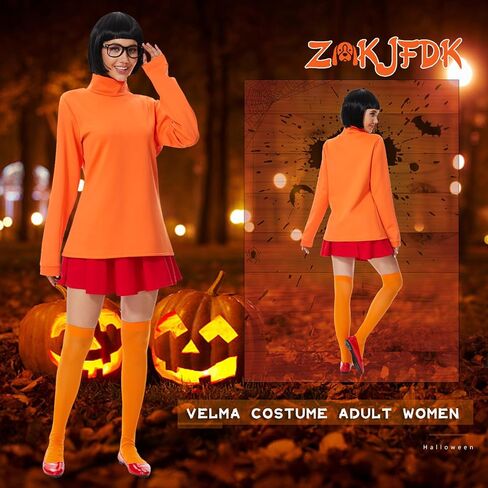 ZOKJFDK Velma Costume Adult Women Halloween Classic Movie Characters Costume with Bob Wig, Long Sleeve Turtleneck Crop Top in Saudi Arabia