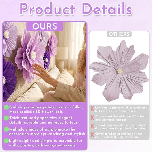 9 Pcs Purple Large Tissue Paper Flowers Decorations for Wall Lavender Crepe Paper Flower with Adhesive Dots & Instruction Manual for Birthday Wedding Bridal Shower Holidays Party Backdrop Decor in Saudi Arabia