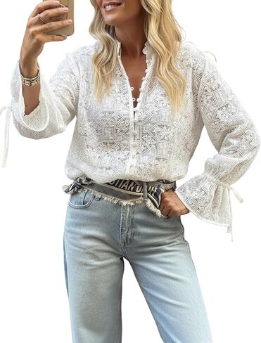 Lingswallow Women's Dressy Casual Lace Blouses V Neck Long Sleeve Tops Fashion Boho Loose Fit Button Down Shirts Summer 2026 in Saudi Arabia