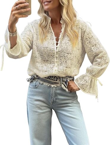 Lingswallow Women's Dressy Casual Lace Blouses V Neck Long Sleeve Tops Fashion Boho Loose Fit Button Down Shirts Summer 2026 in Kuwait