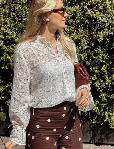 Lingswallow Women's Dressy Casual Lace Blouses V Neck Long Sleeve Tops Fashion Boho Loose Fit Button Down Shirts Summer 2026 in Saudi Arabia