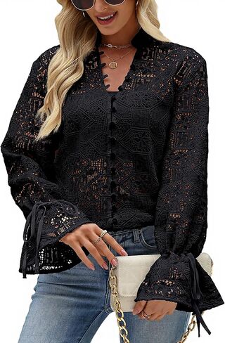 Lingswallow Women's Dressy Casual Lace Blouses V Neck Long Sleeve Tops Fashion Boho Loose Fit Button Down Shirts Summer 2026 in Saudi Arabia