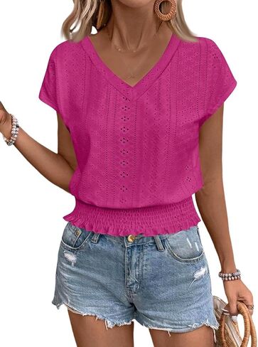 Women's Eyelet Embroidered Crop Top V Neck Cap Sleeve Smocked Waist Blouse Casual Hollow Out Summer Shirt Fitted Top in Kuwait