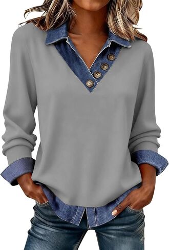 Women's Long Sleeve Shirts with Denim Collar Cuffs Buttons V-Neck Patchwork Tops Casual Bussiness Office Outfits in Kuwait