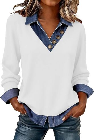 Women's Long Sleeve Shirts with Denim Collar Cuffs Buttons V-Neck Patchwork Tops Casual Bussiness Office Outfits in Kuwait