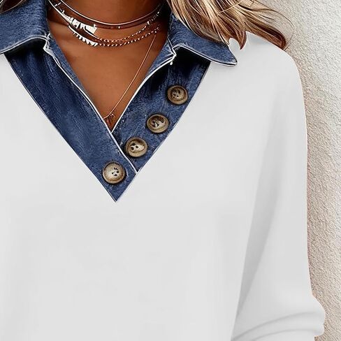Women's Long Sleeve Shirts with Denim Collar Cuffs Buttons V-Neck Patchwork Tops Casual Bussiness Office Outfits in Kuwait