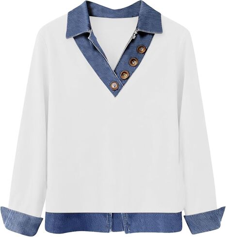 Women's Long Sleeve Shirts with Denim Collar Cuffs Buttons V-Neck Patchwork Tops Casual Bussiness Office Outfits in Kuwait
