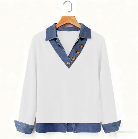 Women's Long Sleeve Shirts with Denim Collar Cuffs Buttons V-Neck Patchwork Tops Casual Bussiness Office Outfits in Kuwait