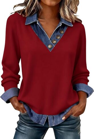 Women's Long Sleeve Shirts with Denim Collar Cuffs Buttons V-Neck Patchwork Tops Casual Bussiness Office Outfits in Kuwait