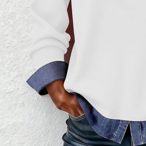 Women's Long Sleeve Shirts with Denim Collar Cuffs Buttons V-Neck Patchwork Tops Casual Bussiness Office Outfits in Kuwait