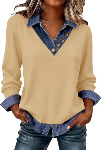 Women's Long Sleeve Shirts with Denim Collar Cuffs Buttons V-Neck Patchwork Tops Casual Bussiness Office Outfits in Kuwait