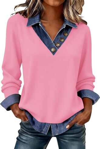 Women's Long Sleeve Shirts with Denim Collar Cuffs Buttons V-Neck Patchwork Tops Casual Bussiness Office Outfits in Kuwait