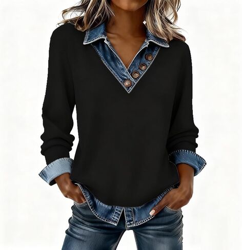 Women's Long Sleeve Shirts with Denim Collar Cuffs Buttons V-Neck Patchwork Tops Casual Bussiness Office Outfits in Kuwait