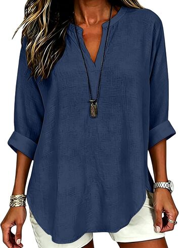 Linen Tops for Women - Summer Loose Fit Gauze Blouses 3/4 Sleeve V Neck Cotton Shirts Trendy Beach Vacation Clothes in Kuwait