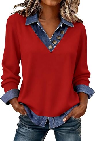 Women's Long Sleeve Shirts with Denim Collar Cuffs Buttons V-Neck Patchwork Tops Casual Bussiness Office Outfits in Kuwait