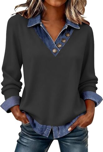 Women's Long Sleeve Shirts with Denim Collar Cuffs Buttons V-Neck Patchwork Tops Casual Bussiness Office Outfits in Kuwait