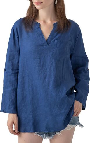 Simple&Opulence Women's 100% Linen V - Neck 3/4 Sleeve Blouses, Lightweight Breathable Shirt with Chest Pocket in Saudi Arabia
