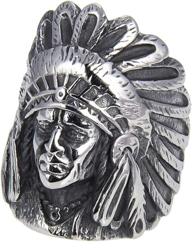 Men's 316L Stainless Steel Silver Native American Indian Chief Headdresses Skull Biker Ring in Saudi Arabia