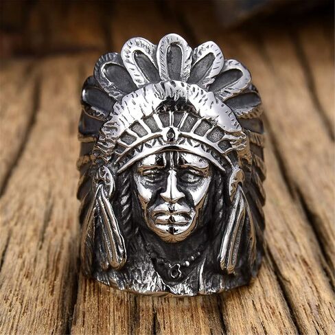 Men's 316L Stainless Steel Silver Native American Indian Chief Headdresses Skull Biker Ring in Saudi Arabia