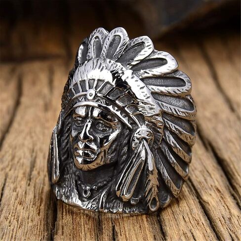 Men's 316L Stainless Steel Silver Native American Indian Chief Headdresses Skull Biker Ring in Saudi Arabia