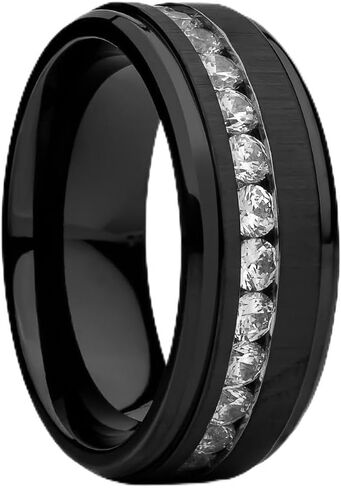 OVIEDO JEWELRY Black Titanium Wedding Ring, Man's Black 8mm Titanium Wedding, Anniversary & Engagement Ring, Comfort Fit, White CZ Gems, Beveled Edges, Brushed in Saudi Arabia