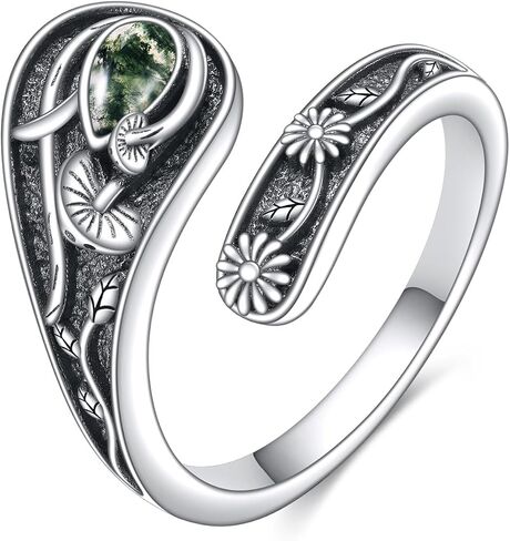 CRMAD Mushroom Moss Agate Ring for Women Men Sterling Silver VintageRing Jewelry Gift in Kuwait