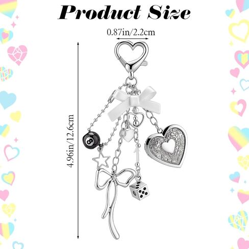 Cute Heart Locket Keychain, Kawaii Photo Key Chain, Silver Bag Chain Y2K Bag Charm, Bow 8 Ball Star Dice Aesthetic Accessories for Women Gifts in Saudi Arabia