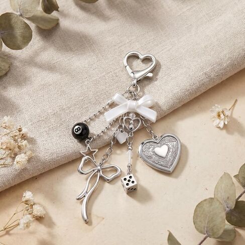 Cute Heart Locket Keychain, Kawaii Photo Key Chain, Silver Bag Chain Y2K Bag Charm, Bow 8 Ball Star Dice Aesthetic Accessories for Women Gifts in Saudi Arabia