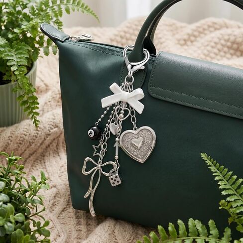 Cute Heart Locket Keychain, Kawaii Photo Key Chain, Silver Bag Chain Y2K Bag Charm, Bow 8 Ball Star Dice Aesthetic Accessories for Women Gifts in Saudi Arabia